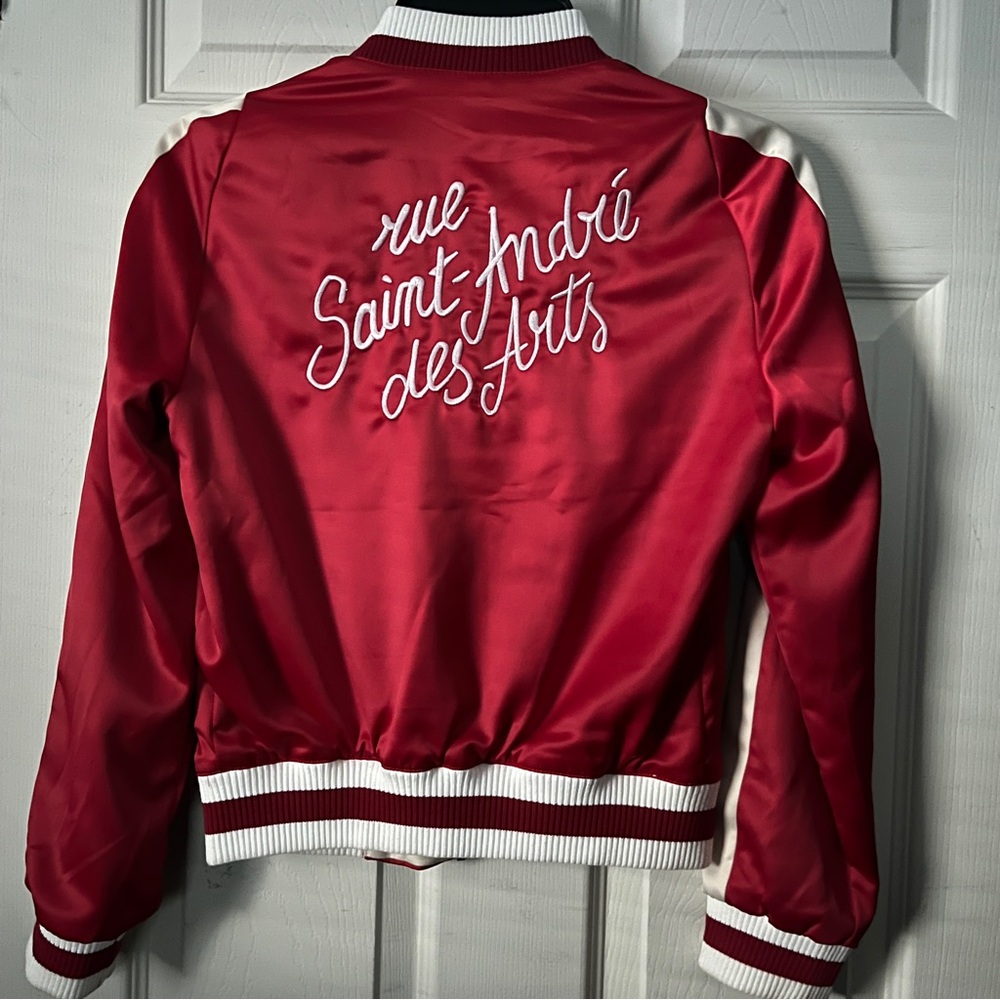 Maje Rouge Bomber Jacket Red Full Zip Size 36 Small Embroidered Womens View 6